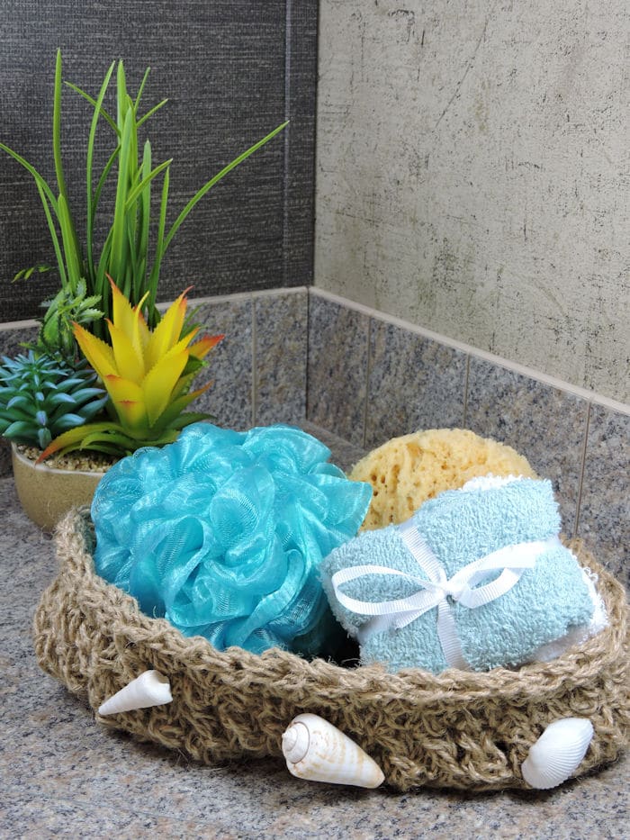 Nautical Seashell Spa Bath Rope Basket Free Crochet Pattern - CrochetKim™