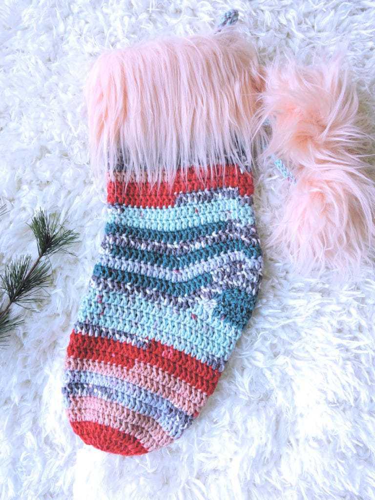 Vintage Christmas Stocking with Faux Fur Pompoms and Cuff 