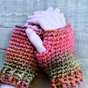 Easy Crochet Texting Mitts shown in Lion Brand Unique color Harvest